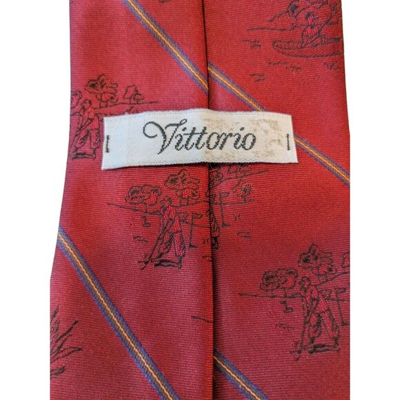 Vintage Vittorio Retired Novelty Burgundy Mens Neck Tie Necktie Fishing Golfing - Picture 5 of 6
